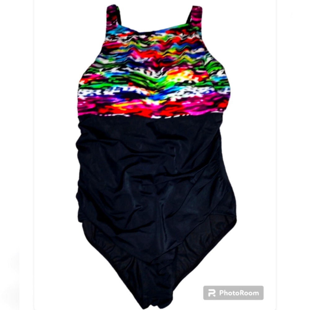 Reebok Mad Dash One Piece High Neck Ruched Bathing Suit Size 18